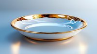 Elegant porcelain plate with luxurious gold rim on blue background with soft lighting effects. Isolated premium tableware for fine dining and restaurant menu design.
