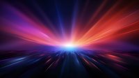 Vibrant light rays burst from horizon point creating dynamic motion effect with red, purple and blue colors against dark background for abstract design projects.