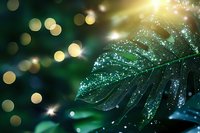 Glowing green tropical leaf with morning dew drops and golden bokeh lights creates magical forest atmosphere. Natural macro photography with sparkling water droplets.