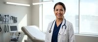 Smiling female Hispanic doctor in white coat with stethoscope standing in modern medical examination room with natural lighting from windows.