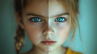 Close up portrait of young girl with striking blue eyes and freckles against turquoise background, split lighting effect shows natural and enhanced facial features.