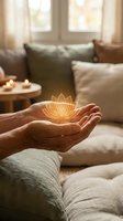 Hand holding glowing lotus flower in cozy living room with candles and comfortable seating, representing mindfulness, meditation, wellness and spiritual healing practices.