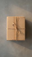 Brown kraft paper package tied with natural twine string on concrete surface for shipping and delivery services.