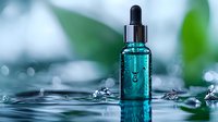 Turquoise serum dropper bottle with water splashes on reflective surface against blurred green nature background, cosmetic product photography.