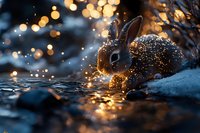 Magical winter scene with rabbit drinking from frozen stream at dusk, surrounded by glowing bokeh lights and sparkling snow crystals in golden evening light.