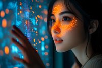 Young Asian woman with glowing orange digital particles on face gazing at futuristic holographic display with blue light effects and data visualization.