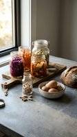 Fermented foods in glass jars on kitchen counter with natural sunlight. Homemade pickled vegetables, kombucha and sourdough bread for healthy gut microbiome.