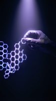 Hand touching glowing hexagonal molecular structure in purple light representing scientific innovation and biotechnology research breakthrough.