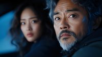 Asian man with gray beard and woman in dramatic lighting, close-up portrait showing intense emotional expressions against dark blue background for cinematic and storytelling projects.