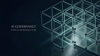 AI governance framework with interconnected geometric lattice structure representing ethical infrastructure and digital compliance systems on dark background.