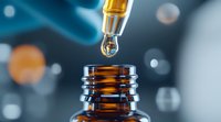 Dropper with essential oil or medical liquid hovering over amber glass bottle, macro shot with bokeh effect on dark blue background showing therapeutic process.