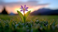 Single purple wildflower growing in green grass at sunset with soft bokeh background and golden sunlight creating magical nature atmosphere.