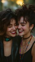 Two young Hispanic women with dark hair and red lipstick sharing joyful moment outdoors. Natural lighting creates warm atmosphere highlighting genuine smiles and friendship.