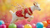 White goat in traditional red costume jumping over colorful lanterns with cherry blossoms against warm golden background for festive celebrations.