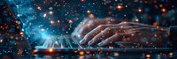 Hands typing on laptop keyboard in dark room with glowing particles and blue light effects, creating magical atmosphere for technology concept.