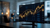 Financial trading monitor displaying golden candlestick charts and market data on modern desk in blurred office environment for investment analysis.