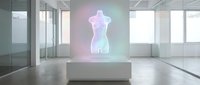 Holographic female torso mannequin display in modern gallery space with glass walls and concrete floors for fashion retail technology concepts.