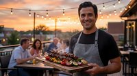 Smiling male chef presenting grilled meat platter on rooftop restaurant terrace during golden hour sunset with string lights and dining guests in background.