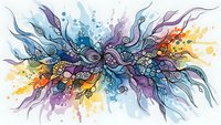 Abstract watercolor tentacles with vibrant splashes in purple, blue and orange hues flowing organically across white background for creative designs.
