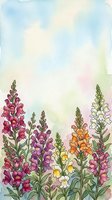 Watercolor snapdragon flowers in pink, purple, orange, and white bloom against a soft pastel sky background with copy space for text.