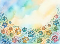Watercolor paw prints in rainbow colors with botanical elements on soft pastel background. Isolated design suitable for pet-related projects, greeting cards, and apparel.