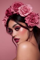 Young woman with glamorous makeup wearing pink rose floral crown against matching pink background, showcasing romantic beauty look for cosmetic advertising.