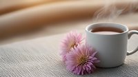 White ceramic cup of hot tea with pink chrysanthemum flowers on wooden table surface in soft morning light, creating peaceful atmosphere for relaxation and mindfulness.