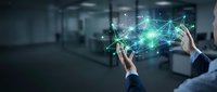 Businessman hands holding glowing digital network connections with data points in modern office environment for technology and connectivity concepts.