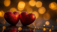 Red heart decorations with water drops against golden bokeh background, romantic holiday composition for Valentine's Day celebration and love themes.
