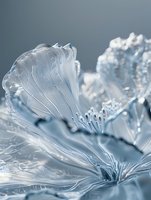 Delicate ice crystals form intricate floral patterns with detailed veins and curves, captured in extreme macro photography against soft blue background. Nature's frozen artistry.