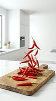 Fresh red chili peppers falling onto wooden cutting board in modern white kitchen interior for cooking and culinary preparation.