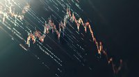 Financial market candlestick chart showing downward trend with red and green trading data on dark background, digital visualization for stock analysis.