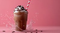 Chocolate milkshake with whipped cream and striped straw splashing against pink background, frozen drink photography with dynamic liquid motion and dark cocoa drops.