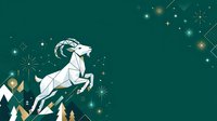 Leaping white goat with curved horns against teal background with stars, snowflakes, and evergreen trees, suitable for holiday cards and seasonal marketing materials.
