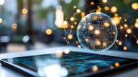 Digital globe hologram floating over tablet screen with glowing network connections and bokeh lights in background, futuristic technology concept.
