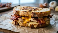 Grilled cheese sandwich with crispy bacon and melted cheese on rustic bread, comfort food for restaurant menus and culinary marketing materials.