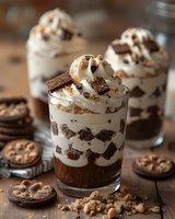 Layered chocolate dessert parfaits with whipped cream, cookie crumbles and chocolate pieces served in glass cups on wooden table for restaurant menu.