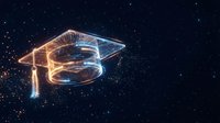 Glowing graduation cap with light trails against starry night sky background symbolizing academic achievement and educational success in digital art style.