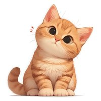 Adorable ginger kitten with big expressive eyes and fluffy fur sitting in cute pose on white background, cartoon style illustration for children books and merchandise.