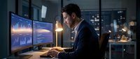 Professional businessman analyzing financial data on dual monitors in modern office at night for business analytics and market research.