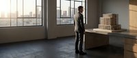 Young African American male architect in casual shirt examining detailed building model in modern office with large windows overlooking urban cityscape during golden hour.