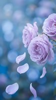 Soft purple roses with falling petals against dreamy bokeh background for romantic wedding invitations and spring garden designs.