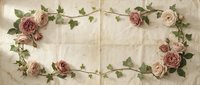 Vintage rose garland with pink and mauve blooms on aged parchment background for romantic wedding invitations, scrapbooking and feminine design projects.