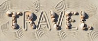 Word TRAVEL written with seashells on sandy beach with circular patterns, summer vacation concept for banners, cards, and travel designs.