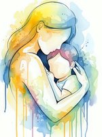 Watercolor mother embracing newborn baby in tender moment with colorful paint drips and soft brushstrokes creating emotional family bond artwork.