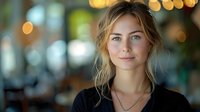 Young Caucasian woman with blonde hair and blue eyes wearing black top smiles gently at camera against blurred bokeh restaurant background, natural soft lighting.