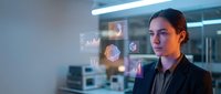 Professional businesswoman interacting with futuristic holographic interface displaying data analytics in modern office environment for technology presentations.