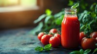 Fresh tomato juice in glass bottle with basil leaves and ripe tomatoes on rustic kitchen counter for healthy organic beverage and cooking ingredients.