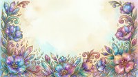 Colorful floral border with purple and blue flowers, golden swirls, and pastel watercolor background, perfect for greeting cards and invitations.