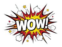 Comic book explosion burst with WOW text in bold letters surrounded by colorful starburst rays, clouds and stars on white background for pop art designs.